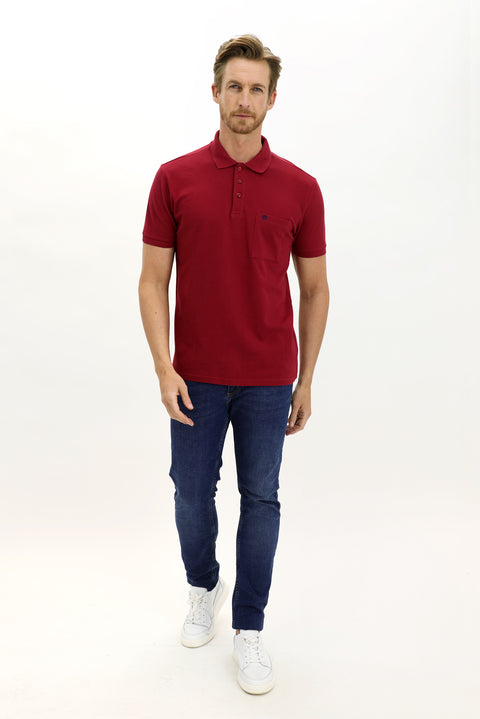 Dark Red Pocketed Polo Collar Regular Fit Embroidered Cotton T-Shirt