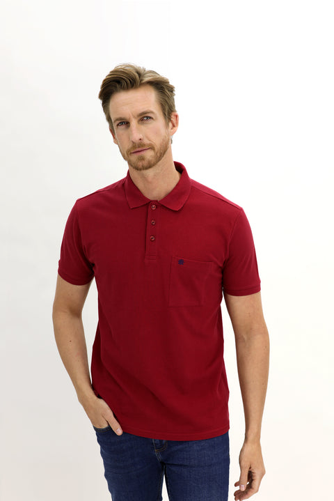 Dark Red Pocketed Polo Collar Regular Fit Embroidered Cotton T-Shirt