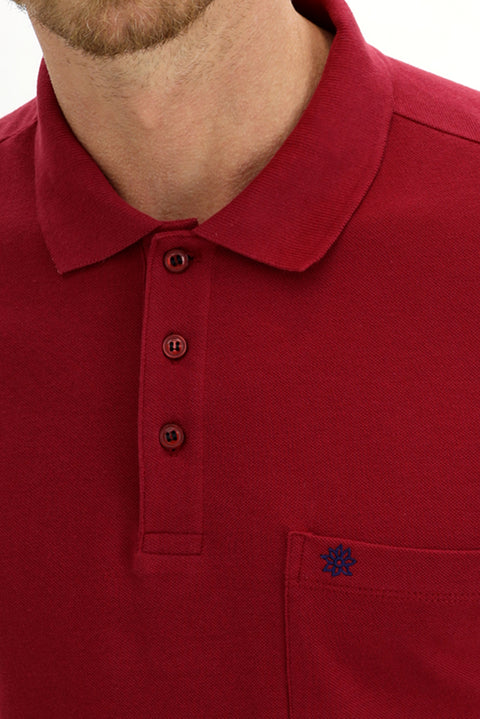 Dark Red Pocketed Polo Collar Regular Fit Embroidered Cotton T-Shirt