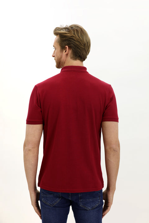 Dark Red Pocketed Polo Collar Regular Fit Embroidered Cotton T-Shirt