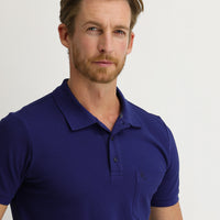 Navy Blue Pocketed Polo Collar Regular Fit Embroidered Cotton T-Shirt