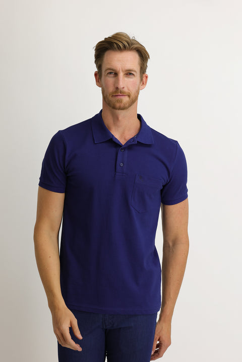 Navy Blue Pocketed Polo Collar Regular Fit Embroidered Cotton T-Shirt