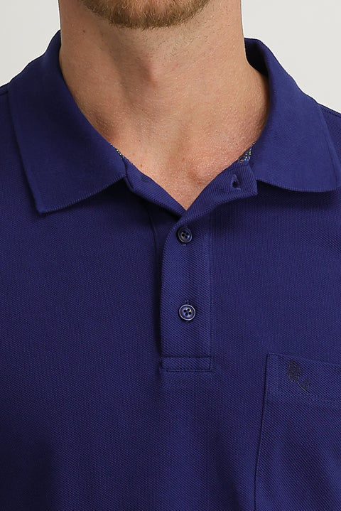 Navy Blue Pocketed Polo Collar Regular Fit Embroidered Cotton T-Shirt
