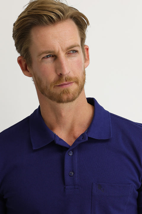 Navy Blue Pocketed Polo Collar Regular Fit Embroidered Cotton T-Shirt