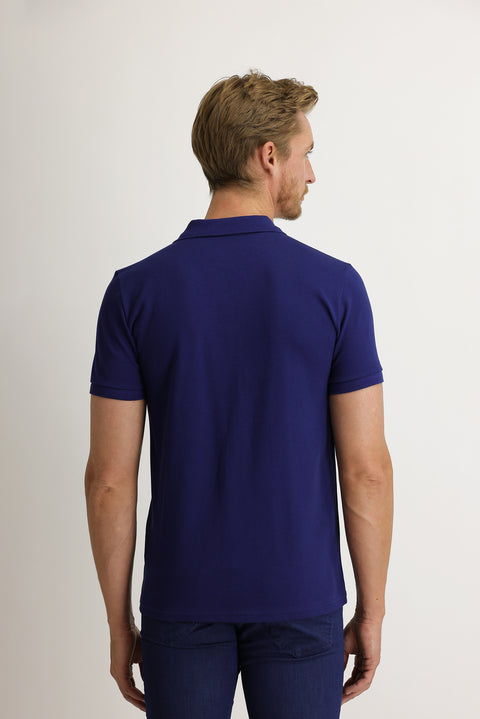 Navy Blue Pocketed Polo Collar Regular Fit Embroidered Cotton T-Shirt