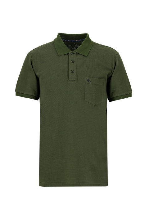 Medium Khaki Pocketed Polo Collar Regular Fit Embroidered Cotton T-Shirt