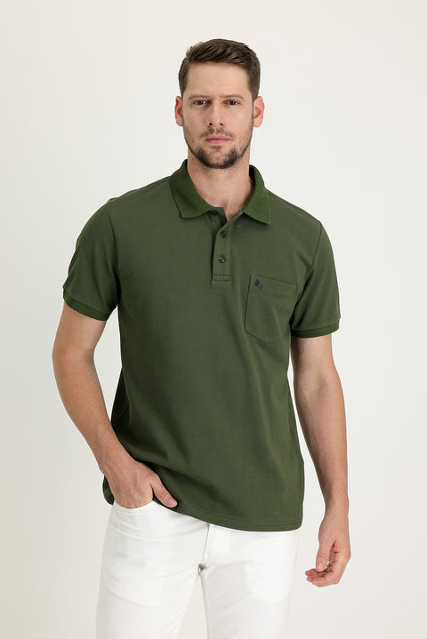 Medium Khaki Pocketed Polo Collar Regular Fit Embroidered Cotton T-Shirt