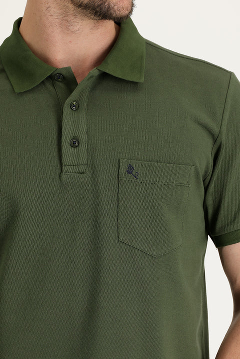 Medium Khaki Pocketed Polo Collar Regular Fit Embroidered Cotton T-Shirt