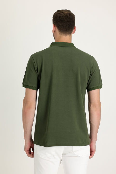 Medium Khaki Pocketed Polo Collar Regular Fit Embroidered Cotton T-Shirt
