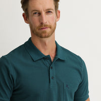 Emerald Green Pocketed Polo Collar Regular Fit Embroidered Cotton T-Shirt
