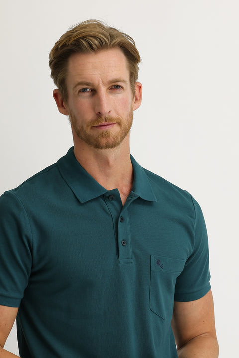 Emerald Green Pocketed Polo Collar Regular Fit Embroidered Cotton T-Shirt