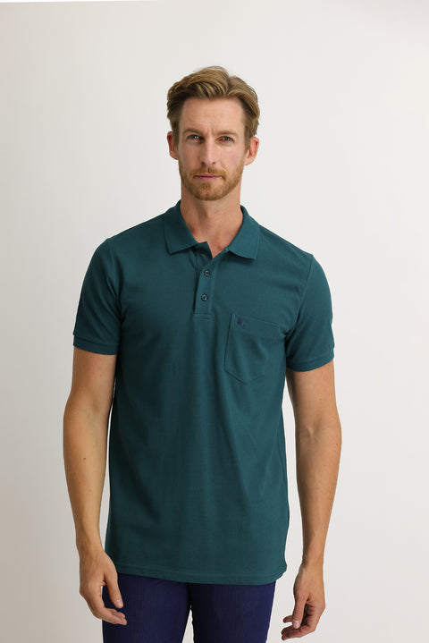 Emerald Green Pocketed Polo Collar Regular Fit Embroidered Cotton T-Shirt