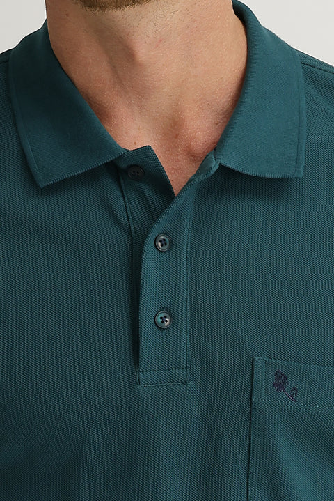 Emerald Green Pocketed Polo Collar Regular Fit Embroidered Cotton T-Shirt