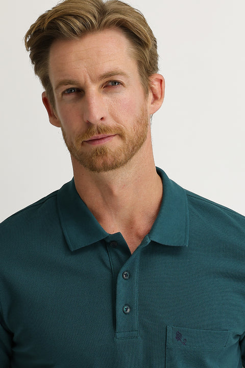 Emerald Green Pocketed Polo Collar Regular Fit Embroidered Cotton T-Shirt