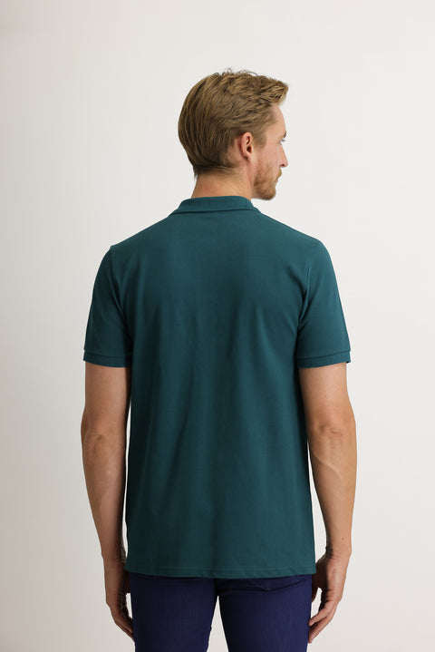 Emerald Green Pocketed Polo Collar Regular Fit Embroidered Cotton T-Shirt
