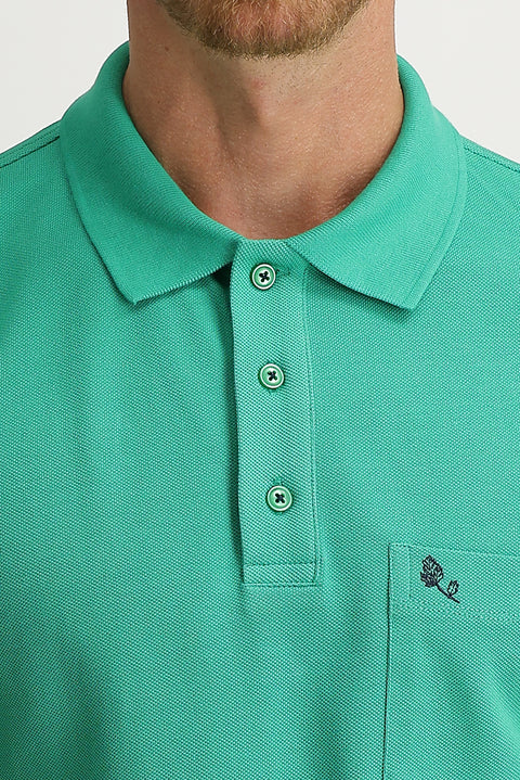 Dark Green Pocketed Polo Neck Regular Fit Cotton T-Shirt