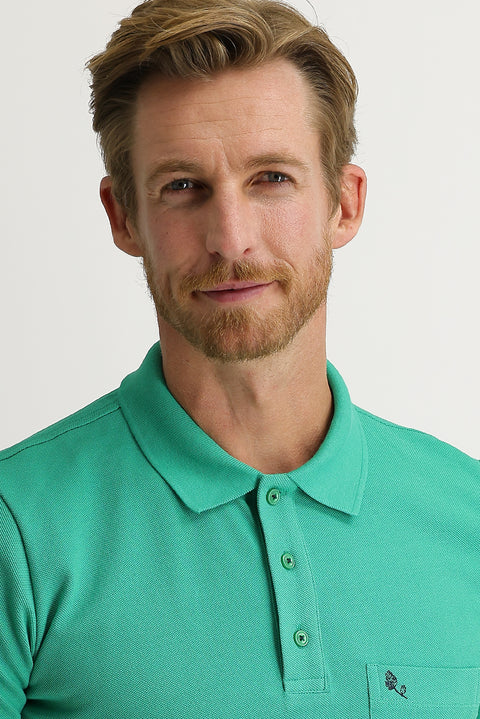 Dark Green Pocketed Polo Neck Regular Fit Cotton T-Shirt