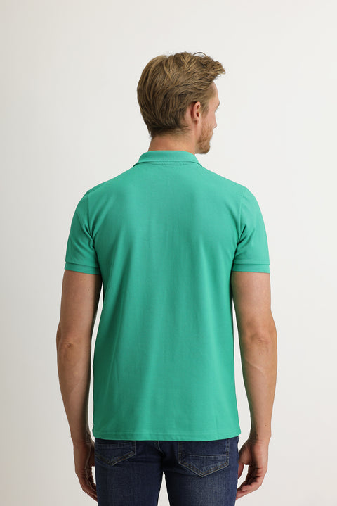 Dark Green Pocketed Polo Neck Regular Fit Cotton T-Shirt