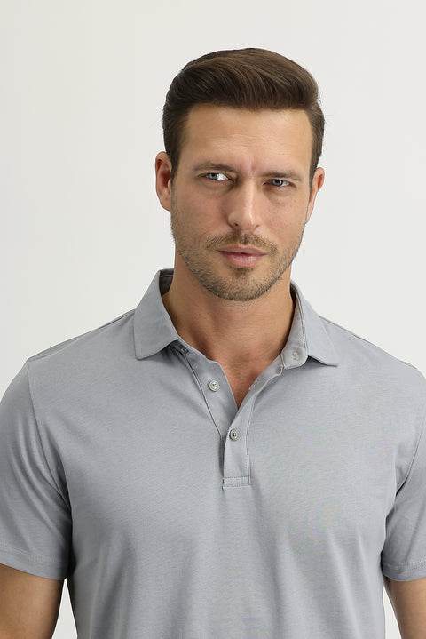 Medium Grey Polo Collar Regular Fit Cotton T-Shirt