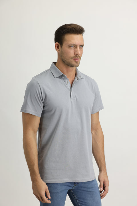 Medium Grey Polo Collar Regular Fit Cotton T-Shirt