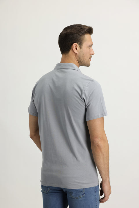 Medium Grey Polo Collar Regular Fit Cotton T-Shirt