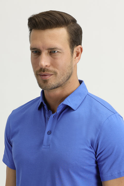Blue Polo Collar Regular Fit Cotton T-shirt