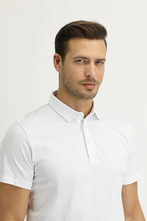 White Polo Collar Regular Fit Cotton T-shirt