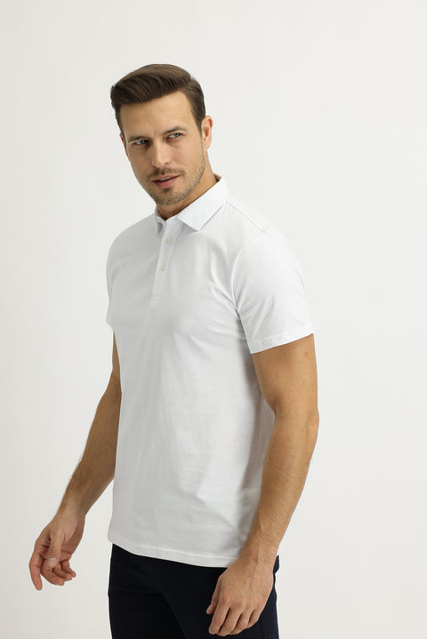 White Polo Collar Regular Fit Cotton T-shirt