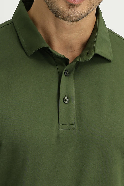 Medium Khaki Polo Collar Regular Fit Cotton T-shirt
