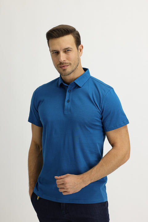 Medium Petrol Polo Collar Regular Fit Cotton T-Shirt