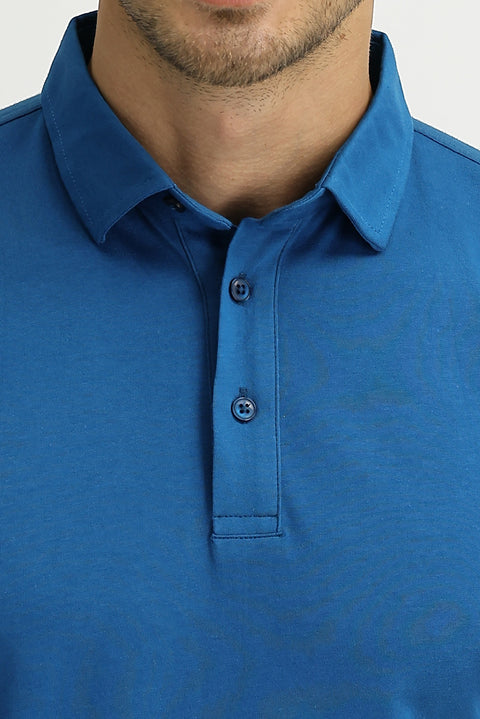 Medium Petrol Polo Collar Regular Fit Cotton T-Shirt