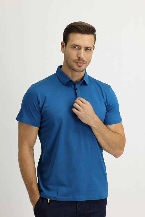 Medium Petrol Polo Collar Regular Fit Cotton T-Shirt