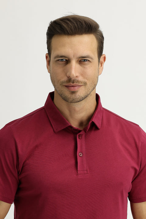 Wine Burgundy Polo Collar Regular Fit Cotton T-Shirt