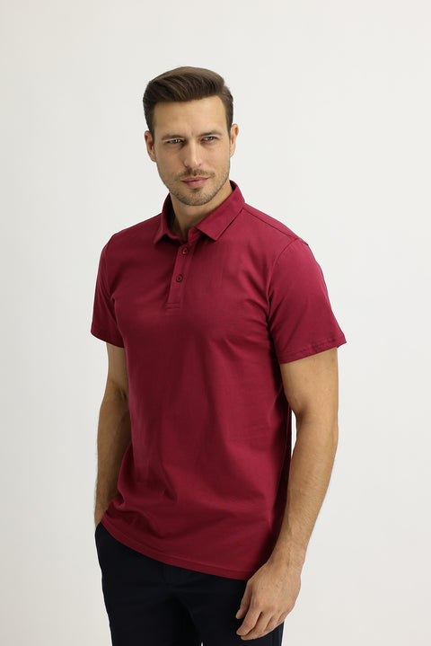Wine Burgundy Polo Collar Regular Fit Cotton T-Shirt