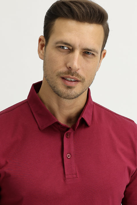 Wine Burgundy Polo Collar Regular Fit Cotton T-Shirt
