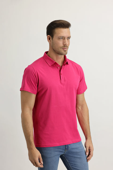 Medium Pink Polo Collar Regular Fit Cotton T-shirt