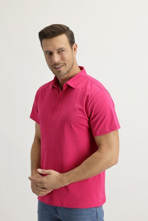 Medium Pink Polo Collar Regular Fit Cotton T-shirt