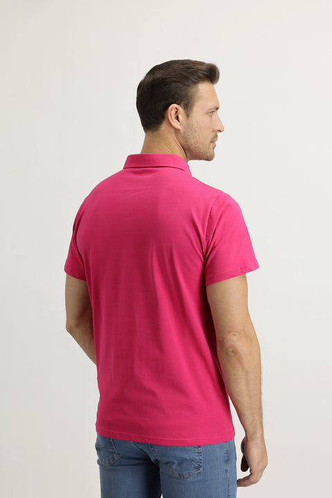 Medium Pink Polo Collar Regular Fit Cotton T-shirt