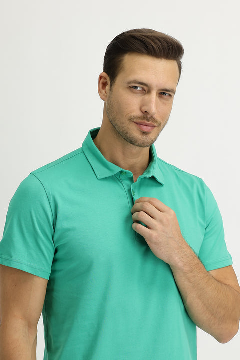 Dark Green Polo Collar Regular Fit Cotton T-shirt