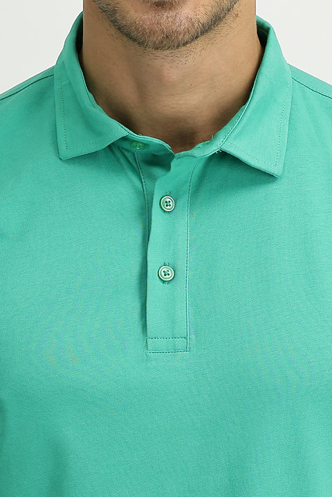 Dark Green Polo Collar Regular Fit Cotton T-shirt