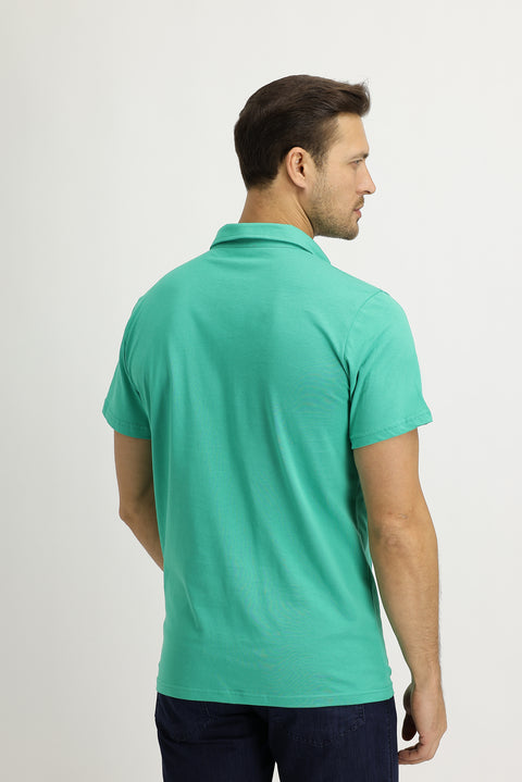 Dark Green Polo Collar Regular Fit Cotton T-shirt