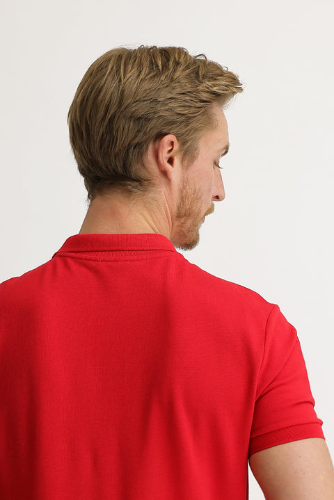 Flag Red Polo Collar Regular Fit Embroidered Cotton T-Shirt