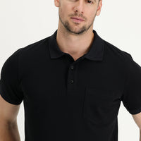Black Pocketed Polo Collar Regular Fit Embroidered Cotton T-Shirt
