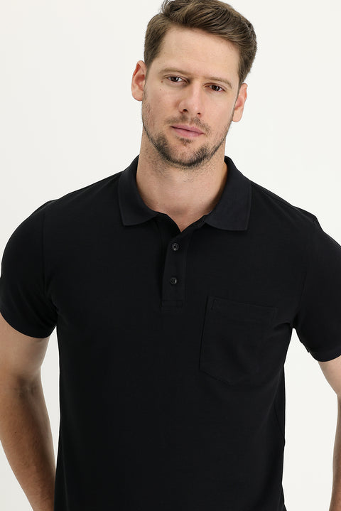 Black Pocketed Polo Collar Regular Fit Embroidered Cotton T-Shirt