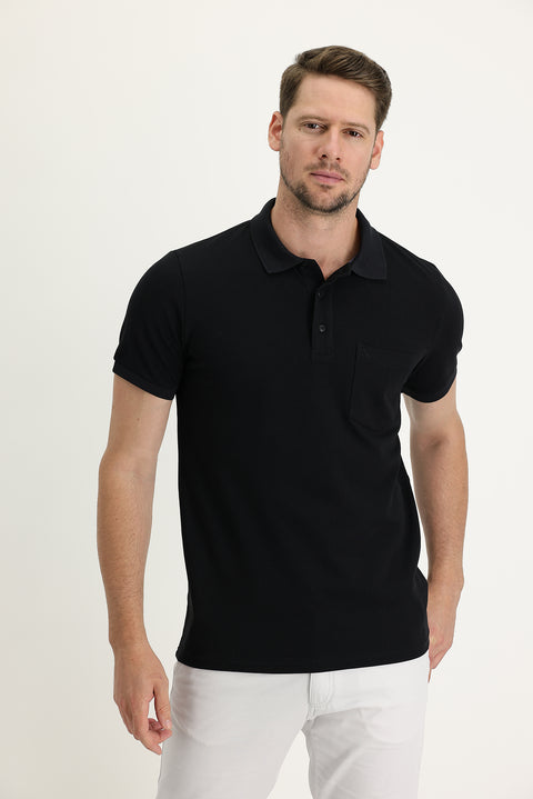 Black Pocketed Polo Collar Regular Fit Embroidered Cotton T-Shirt