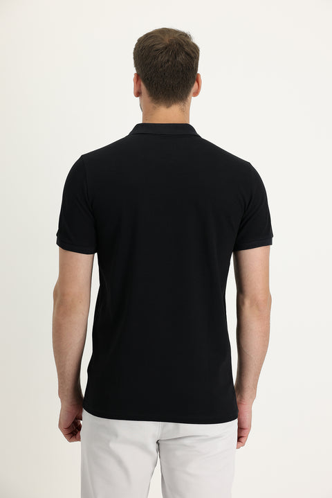 Black Pocketed Polo Collar Regular Fit Embroidered Cotton T-Shirt