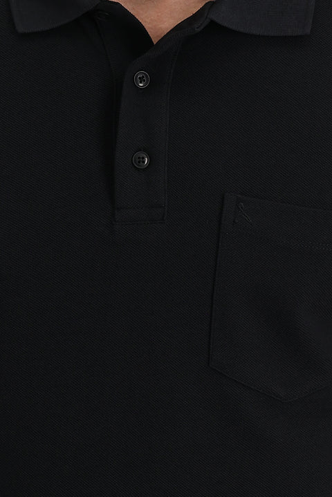 Black Pocketed Polo Collar Regular Fit Embroidered Cotton T-Shirt