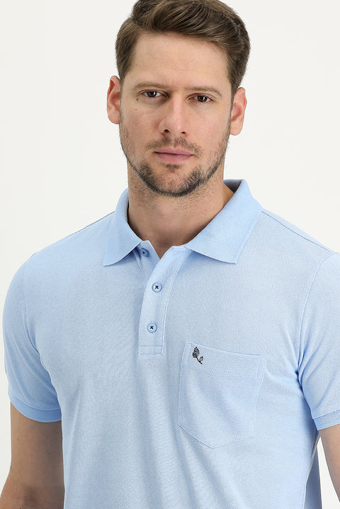 Light Blue Pocketed Polo Collar Regular Fit Embroidered Cotton T-Shirt
