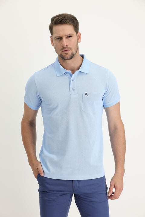 Light Blue Pocketed Polo Collar Regular Fit Embroidered Cotton T-Shirt