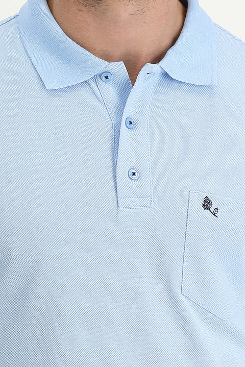Light Blue Pocketed Polo Collar Regular Fit Embroidered Cotton T-Shirt